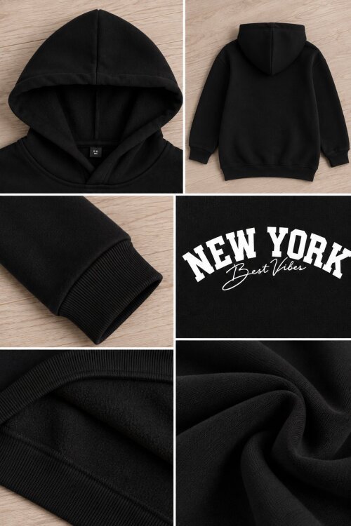 Siyah Kız Çocuk New York Baskılı 3 İplik Kapüşonlu Sweatshirt 24989