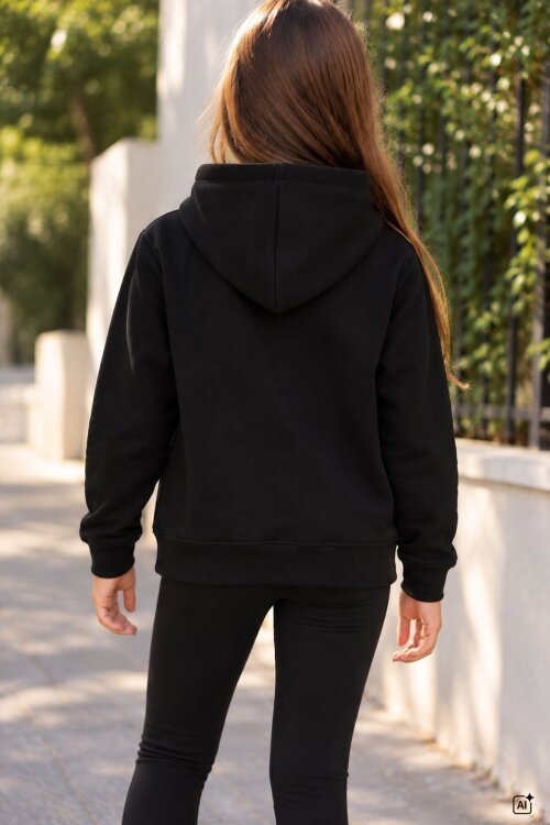 Siyah Kız Çocuk New York Baskılı 3 İplik Kapüşonlu Sweatshirt 24989