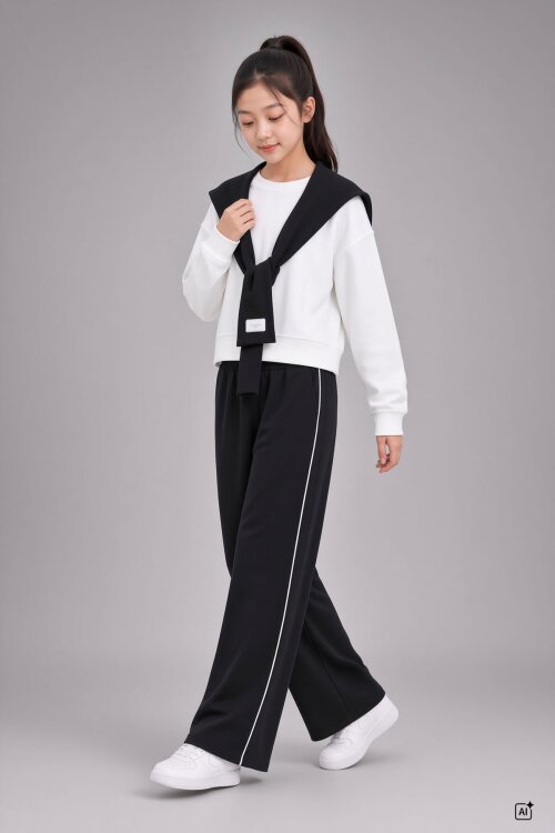 Siyah Kız Çocuk Omuz Bağlama Detaylı Sweatshirt Geniş Paça Pantolonlu 2li Takım 24758