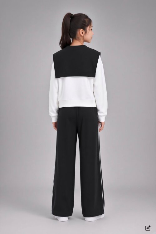 Siyah Kız Çocuk Omuz Bağlama Detaylı Sweatshirt Geniş Paça Pantolonlu 2li Takım 24758