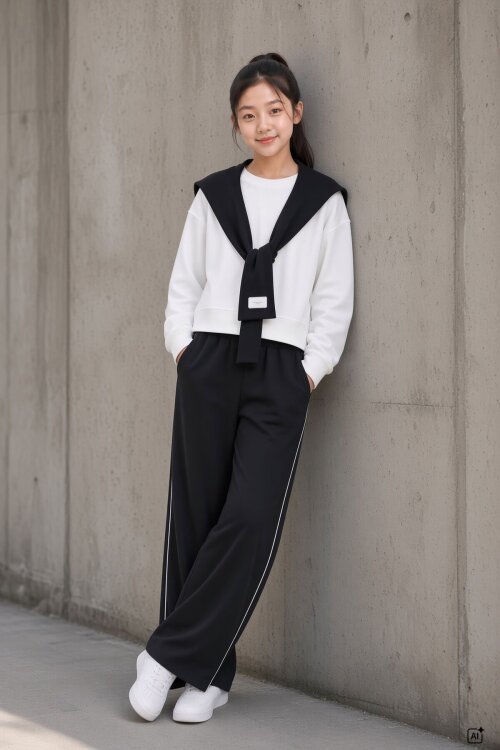 Siyah Kız Çocuk Omuz Bağlama Detaylı Sweatshirt Geniş Paça Pantolonlu 2li Takım 24758