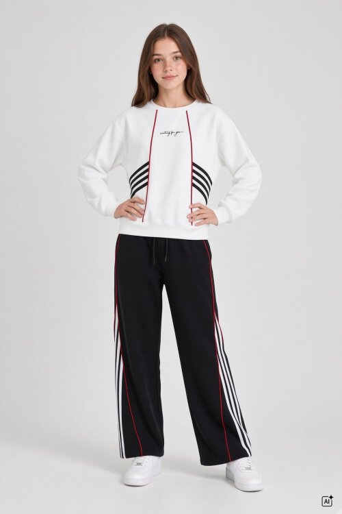 Siyah Kız Çocuk Şeritli Sweatshirt Geniş Paça Eşofman Takımı  24680
