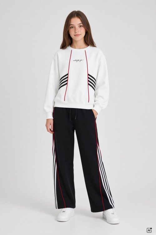 Siyah Kız Çocuk Şeritli Sweatshirt Geniş Paça Eşofman Takımı  24680
