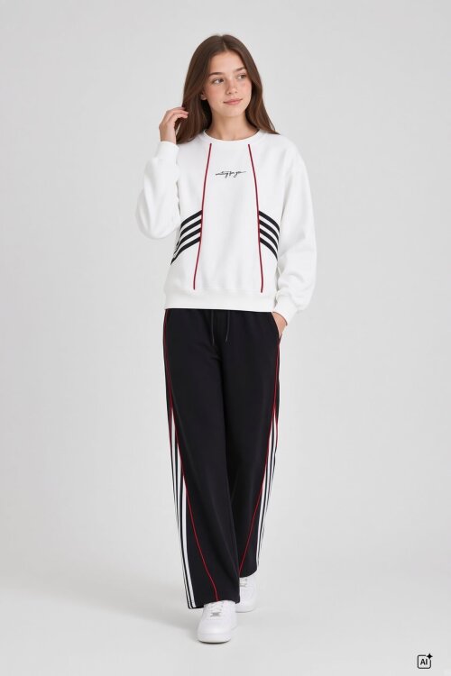 Siyah Kız Çocuk Şeritli Sweatshirt Geniş Paça Eşofman Takımı  24680