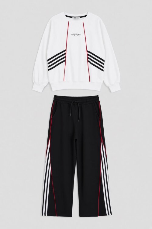 Siyah Kız Çocuk Şeritli Sweatshirt Geniş Paça Eşofman Takımı  24680