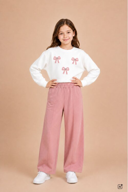 Somon Kız Çocuk Fiyonk Desenli Sweatshirt Geniş Paça Eşofman Takımı 24826