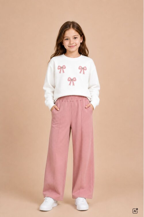 Somon Kız Çocuk Fiyonk Desenli Sweatshirt Geniş Paça Eşofman Takımı 24826