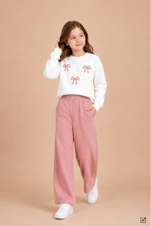 Somon Kız Çocuk Fiyonk Desenli Sweatshirt Geniş Paça Eşofman Takımı 24826