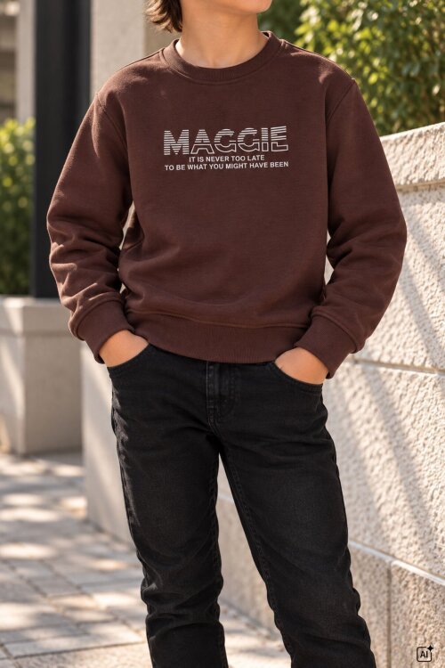 Taba Erkek Çocuk Yazı Baskılı Bisiklet Yaka Şardonlu Uzun Kol Sweatshirt 24968