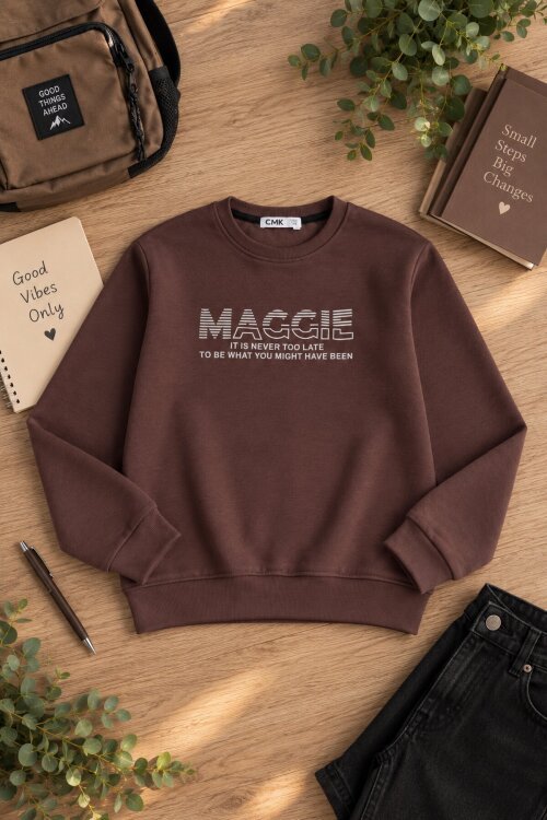 Taba Erkek Çocuk Yazı Baskılı Bisiklet Yaka Şardonlu Uzun Kol Sweatshirt 24968