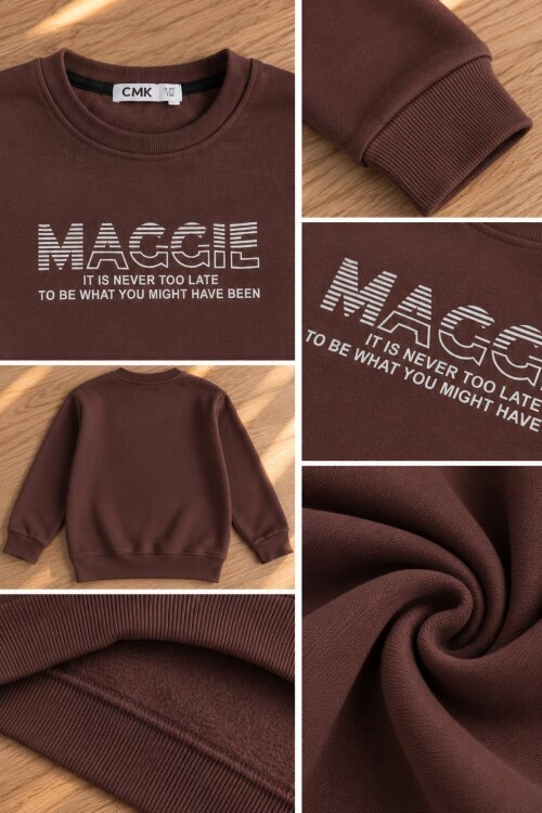 Taba Erkek Çocuk Yazı Baskılı Bisiklet Yaka Şardonlu Uzun Kol Sweatshirt 24968