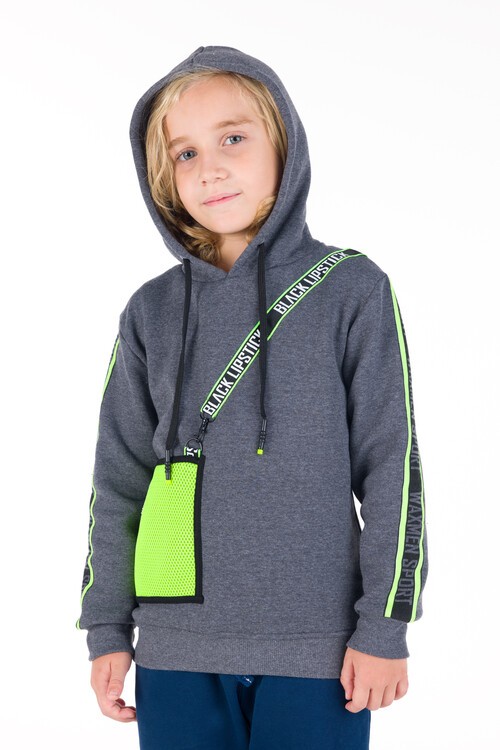 Erkek Çocuk Black Yazı Şeritli Kapşonlu Sweatshirt 14156