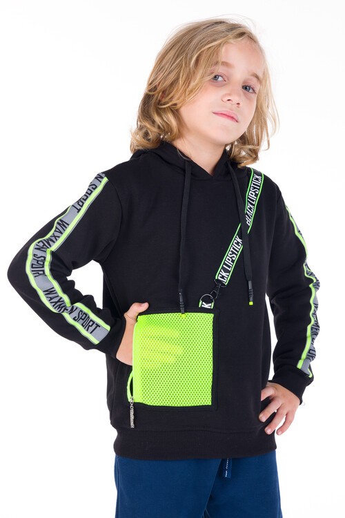 Erkek Çocuk Black Yazı Şeritli Kapşonlu Sweatshirt 14156