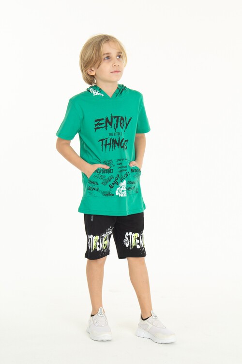 Erkek Çocuk Enjoy Baskılı Kapşonlu Şortlu Takım 14048