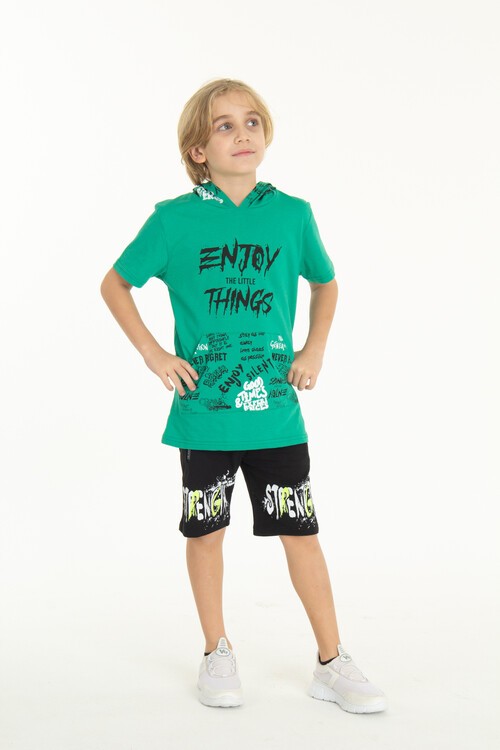 Erkek Çocuk Enjoy Baskılı Kapşonlu Şortlu Takım 14048