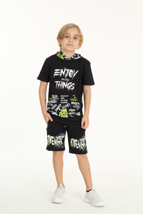 Erkek Çocuk Enjoy Baskılı Kapşonlu Şortlu Takım 14048