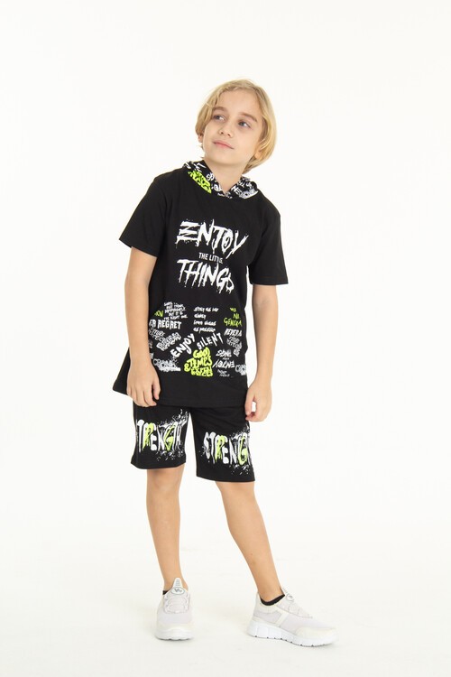 Erkek Çocuk Enjoy Baskılı Kapşonlu Şortlu Takım 14048