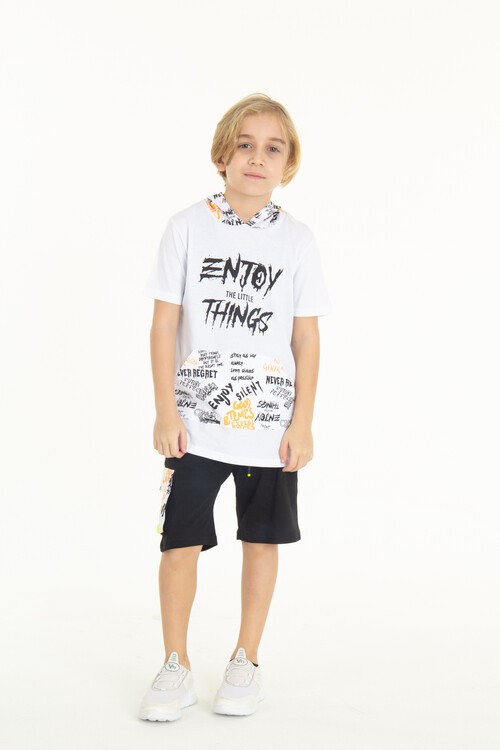 Erkek Çocuk Enjoy Baskılı Kapşonlu Şortlu Takım 14048