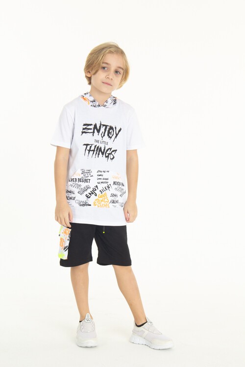 Erkek Çocuk Enjoy Baskılı Kapşonlu Şortlu Takım 14048