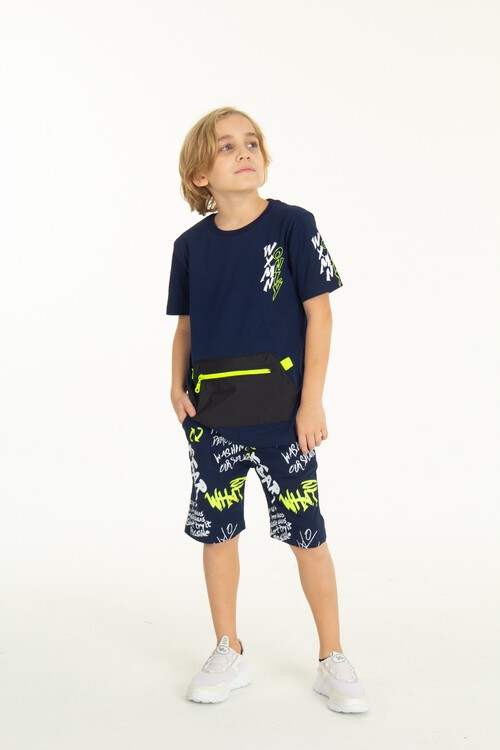 Erkek Çocuk Fermuarlı Kanguru Cepli Şortlu Takım 14097