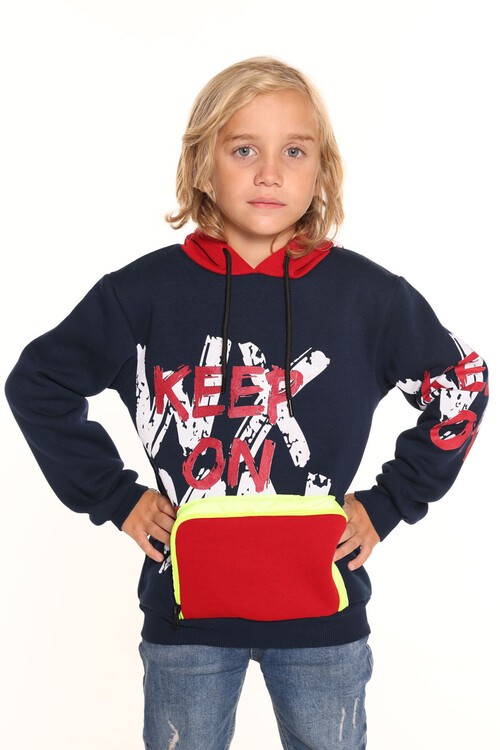Erkek Çocuk Keep On Yazı Baskılı Kapşonlu Sweatshirt 14137