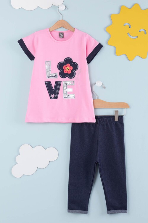 Kız Çocuk Çiçek Nakışlı Kaprili Takım 2-9 Yaş 13938