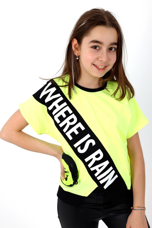 Kız Çocuk Garnili Yarasa Kol Tshirt 10-15 Yaş 13982