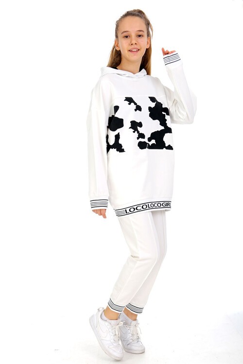 Kız Çocuk Kapşonlu Baskılı Sweatshirt Tunik Takım 14176