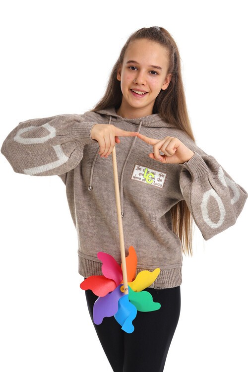 Kız Çocuk Yazı Nakışlı Yün Örme Triko Sweatshirt 14186