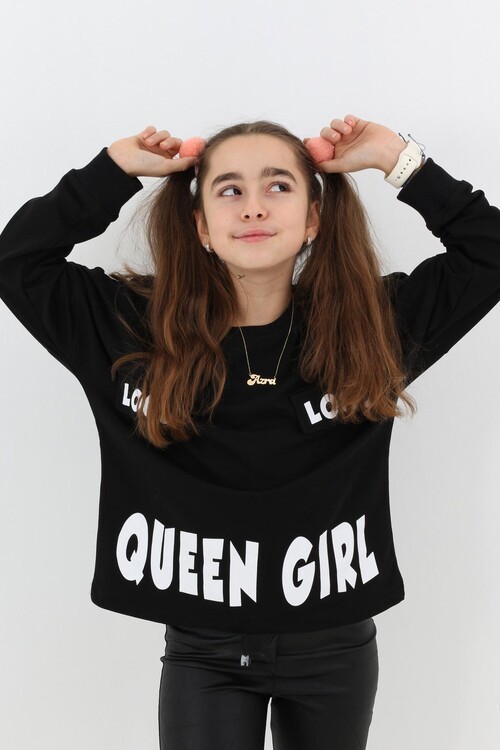 Kız Çocuk Quenn Yazı Baskılı Sweatshirt 9-14 Yaş 14041