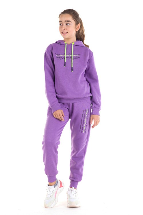 Kız Çocuk Renkli Yazı Baskılı Kapüşonlu 3 İplik Şardonlu Eşofman Takımı 14121