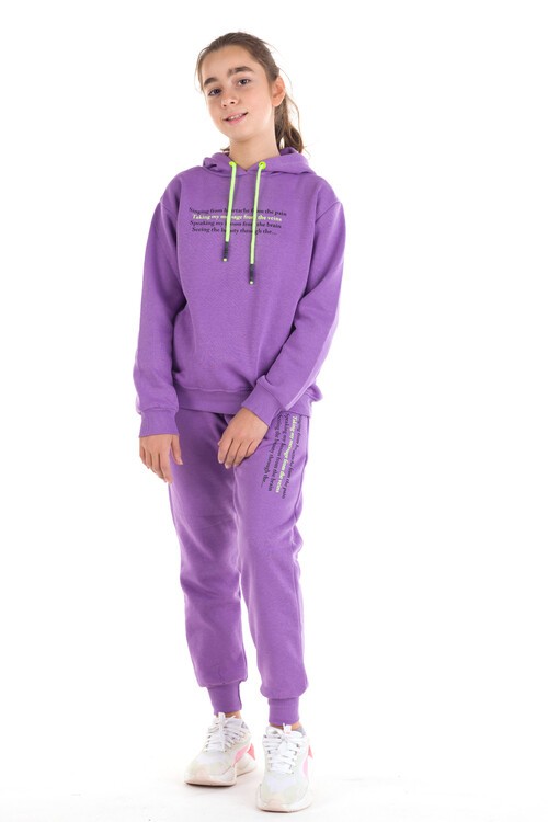 Kız Çocuk Renkli Yazı Baskılı Kapüşonlu 3 İplik Şardonlu Eşofman Takımı 14121