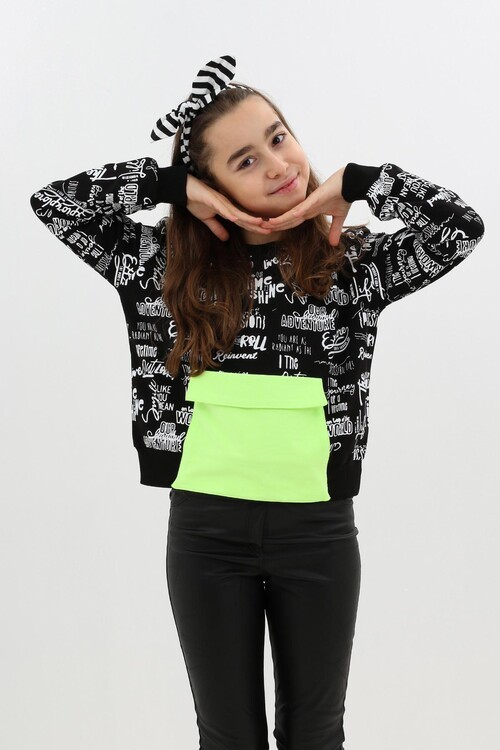 Kız Çocuk Yazı Baskılı Cepli Sweatshirt 9-14 Yaş 14122