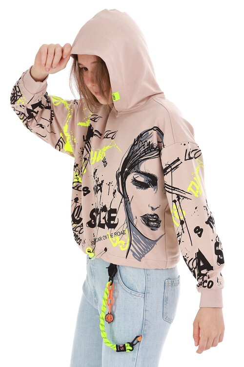 Kız Çocuk Yazı Baskılı Kapşonlu Sweatshirt 10-15 Yaş 13992