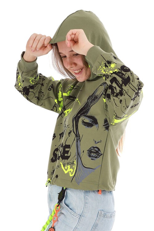Kız Çocuk Yazı Baskılı Kapşonlu Sweatshirt 10-15 Yaş 13992
