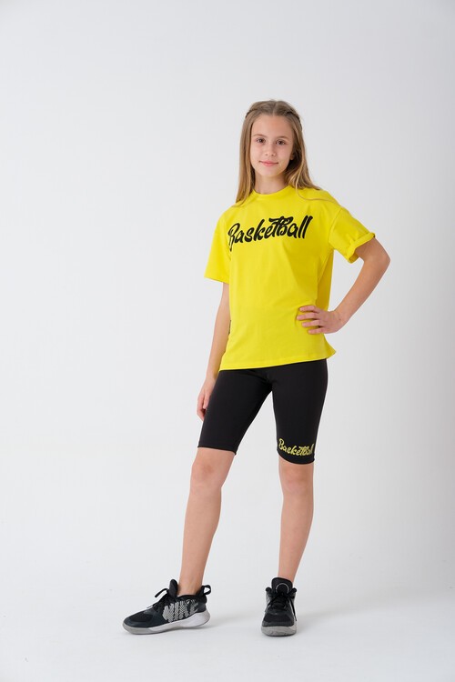 Yazı Baskılı Şort Tayt ve Tişörtlü Kız Çocuk Takım 13856