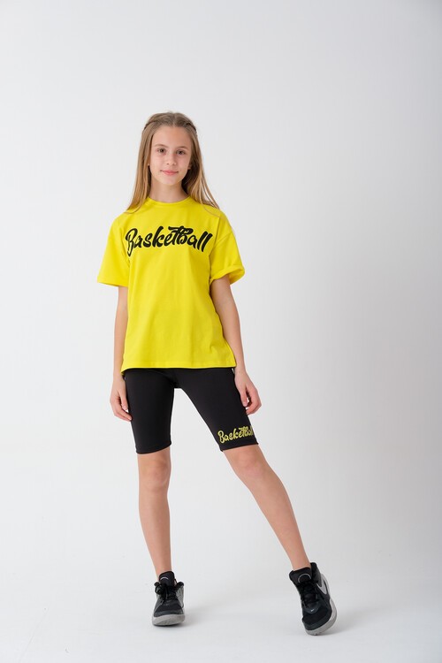 Yazı Baskılı Şort Tayt ve Tişörtlü Kız Çocuk Takım 13856