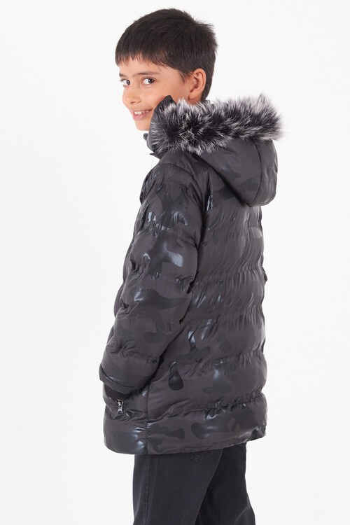 Erkek Çocuk Mont Kamuflaj Desenli Kapüşonlu Şişme Mont 14538