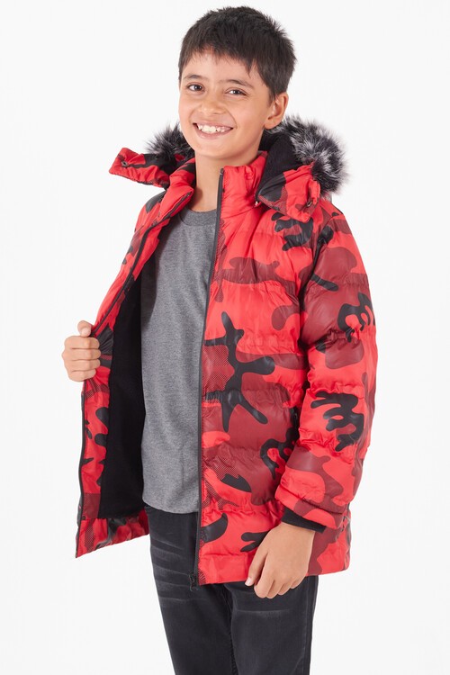 Erkek Çocuk Mont Kamuflaj Desenli Kapüşonlu Şişme Mont 14538