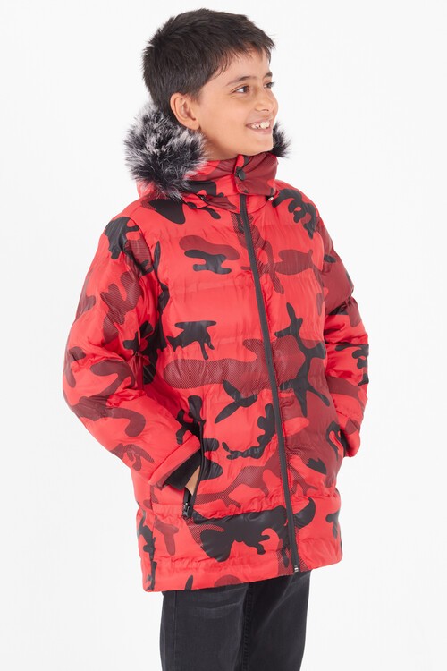 Erkek Çocuk Mont Kamuflaj Desenli Kapüşonlu Şişme Mont 14538