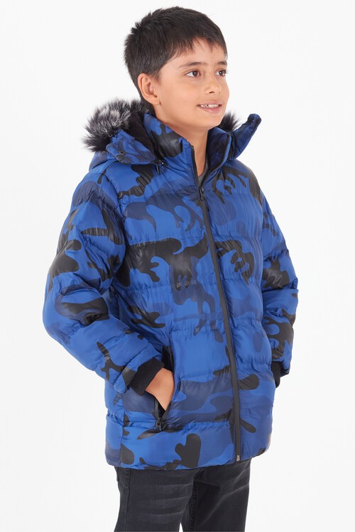 Erkek Çocuk Mont Kamuflaj Desenli Kapüşonlu Şişme Mont 14538