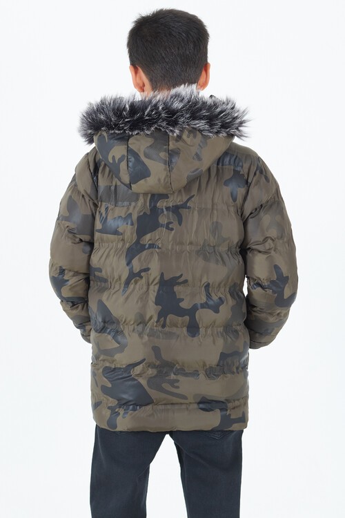 Erkek Çocuk Mont Kamuflaj Desenli Kapüşonlu Şişme Mont 14538