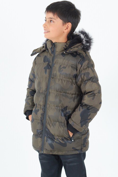Erkek Çocuk Mont Kamuflaj Desenli Kapüşonlu Şişme Mont 14538