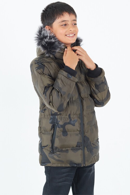 Erkek Çocuk Mont Kamuflaj Desenli Kapüşonlu Şişme Mont 14538