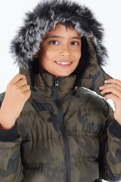 Erkek Çocuk Mont Kamuflaj Desenli Kapüşonlu Şişme Mont 14538