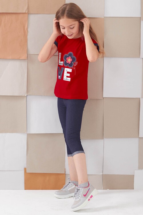 Kız Çocuk Çiçek Nakışlı Kaprili Takım 2-9 Yaş 13938