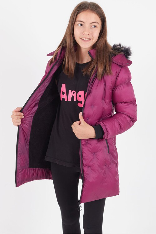 Kız Çocuk Mont Puantiyeli Kapüşonlu Şişme Mont 14532