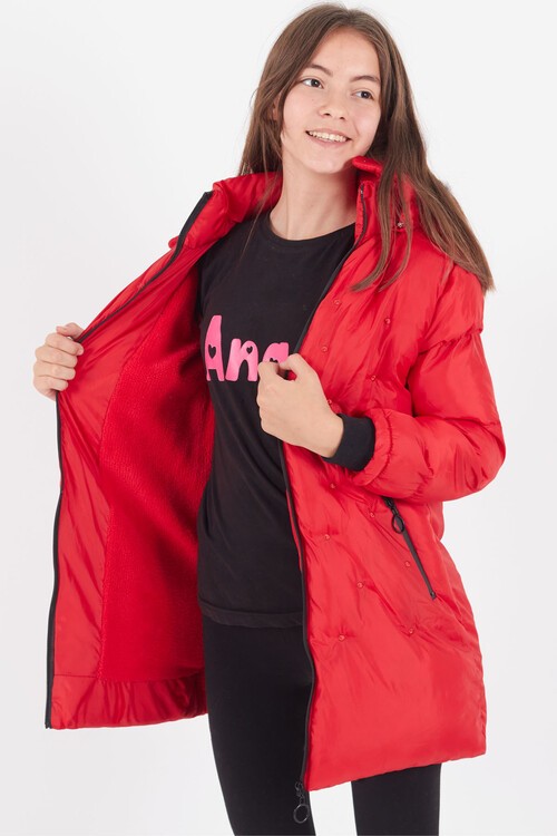 Kız Çocuk Mont Puantiyeli Kapüşonlu Şişme Mont 14532