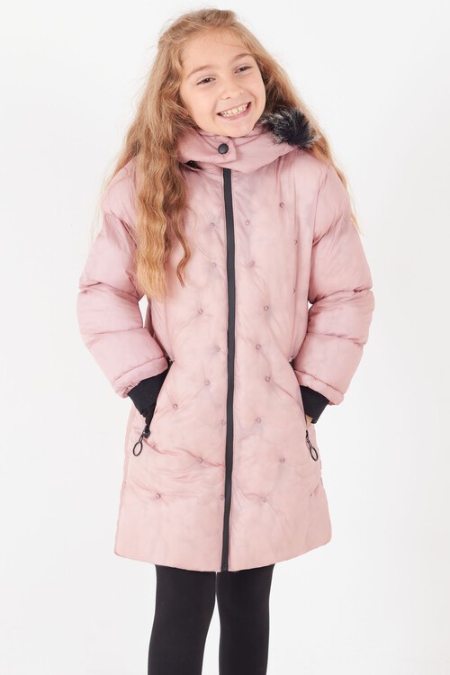 Kız Çocuk Mont Puantiyeli Kapüşonlu Şişme Mont 14532