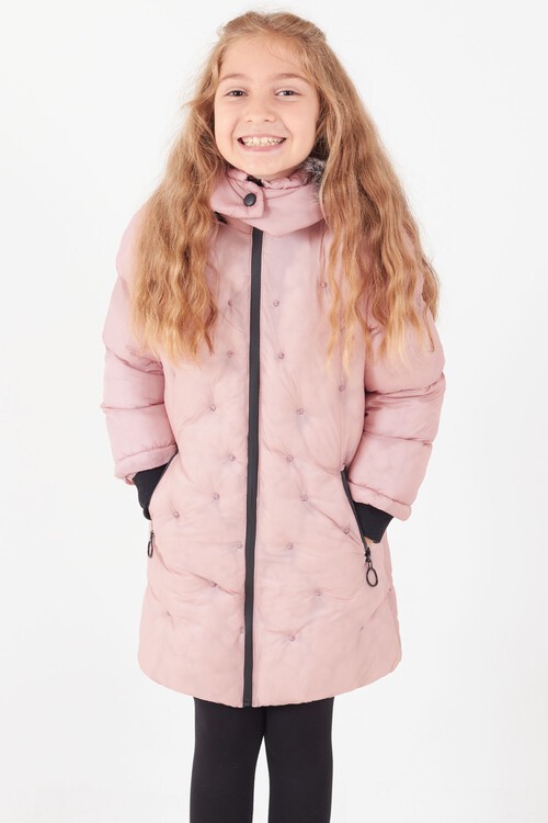 Kız Çocuk Mont Puantiyeli Kapüşonlu Şişme Mont 14532